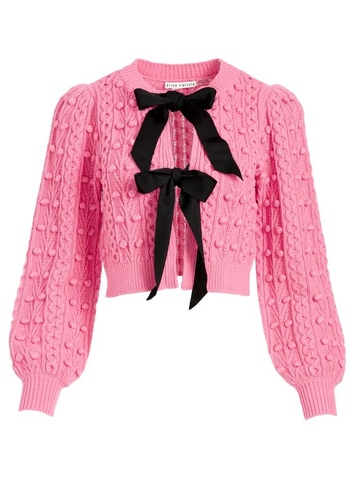 ALICE + OLIVIA pink cardigan with black bow ties