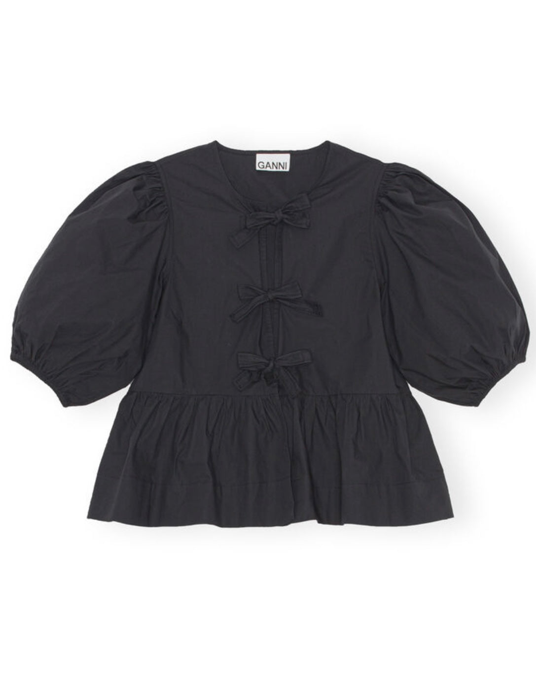 GANNI - COTTON POPLIN PEPLUM TIE BLOUSE