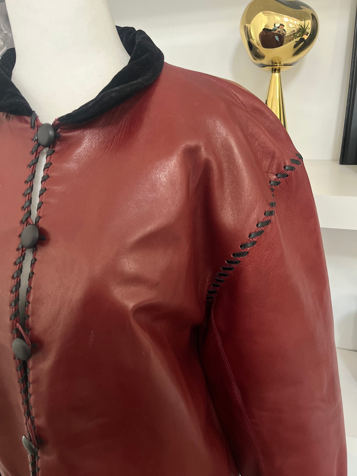 SAINT LAURENT vintage red/black quilted interior leather jacket and skirt