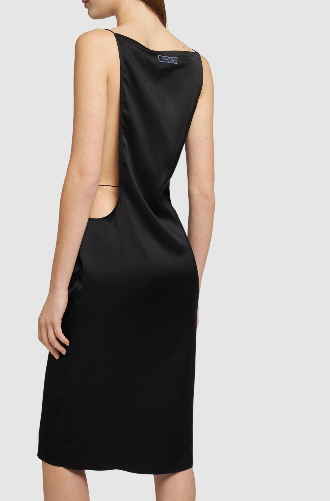 Jacquemus Black Satin Side-Cutouts Sleeveless Midi Dress (la robe spoglio satin midi dress)