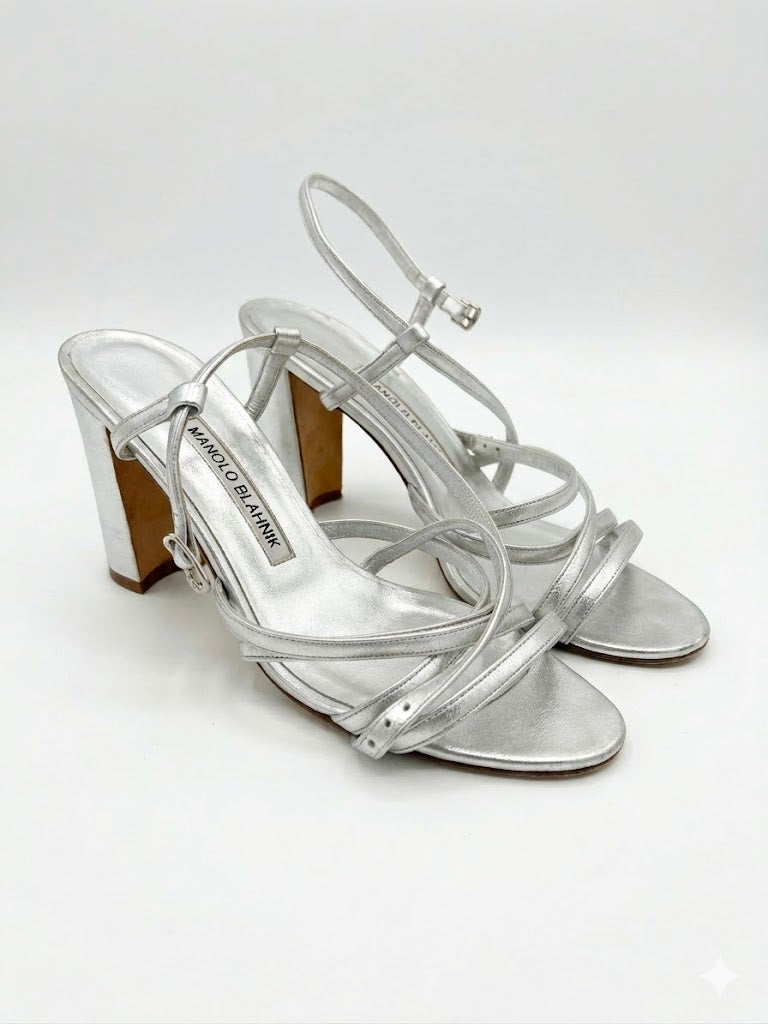 MANOLO BLAHNIK silver strappy block heel