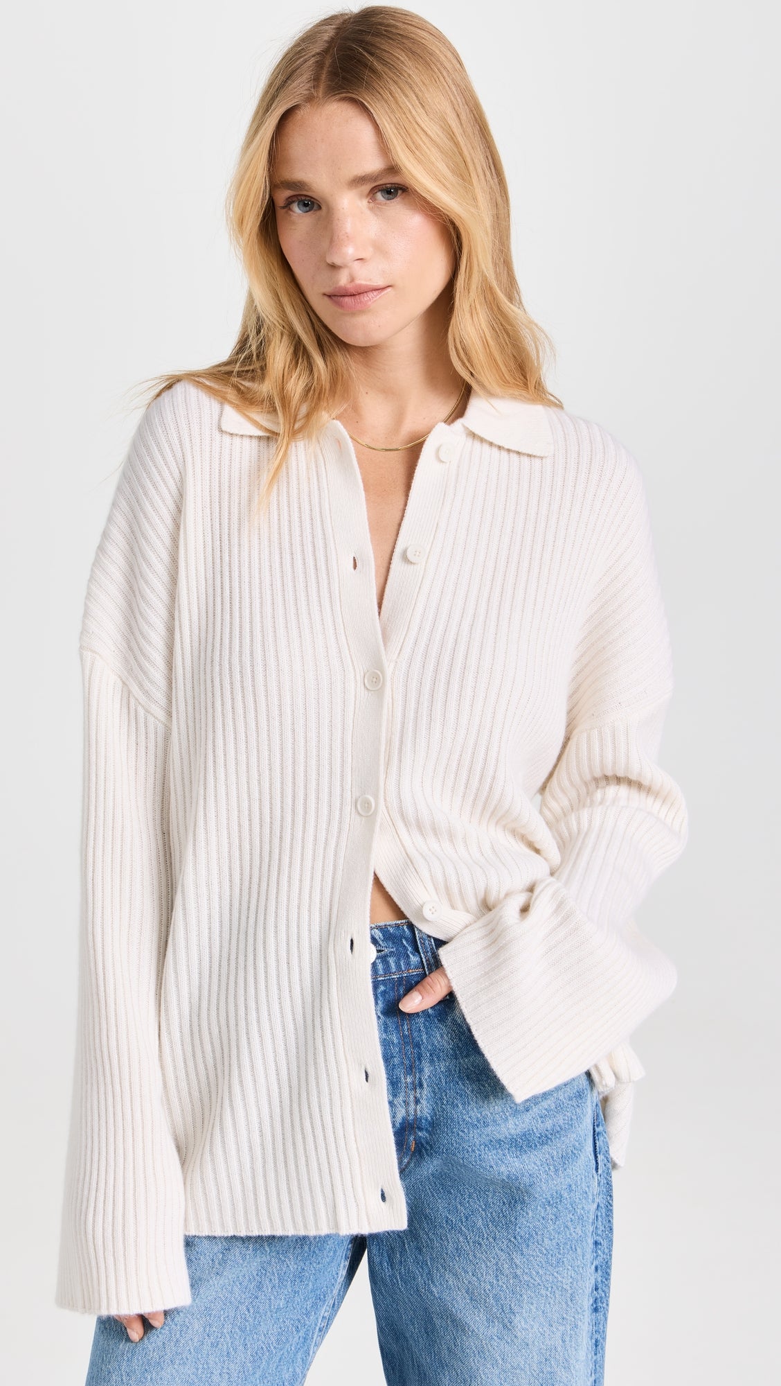 Reformation Cream Ribble Knit Cashmere Button Front Cardigan with Collar