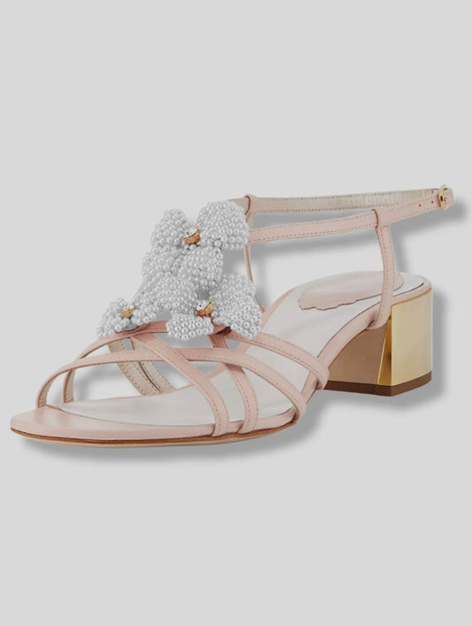 Rene Caovilla Women Pink Beaded Flower Chunky Sandals