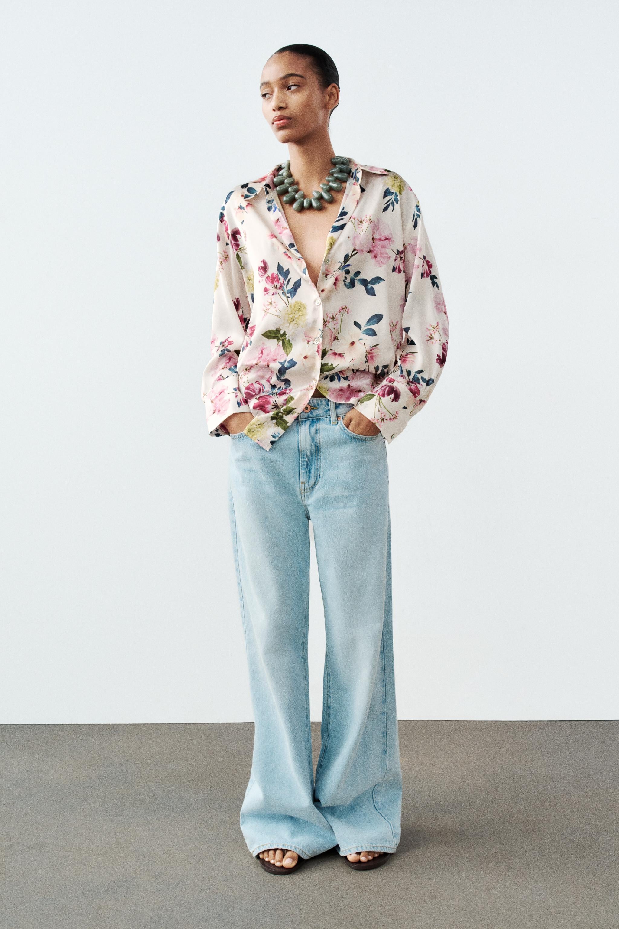 ZARA floral print silk blouse