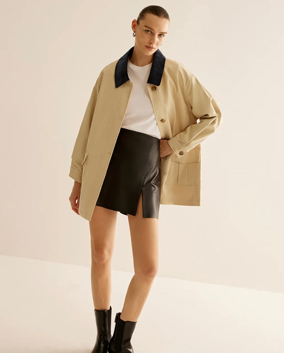 COMMENSE Oversized Cotton Contrast Collar Button Jacket