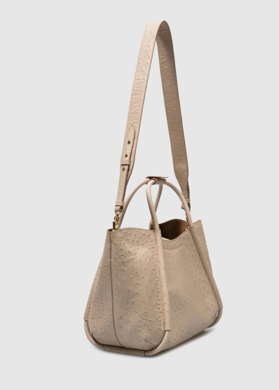 MAX MARA - 

MARINSOSTRICH BEIGE LEATHER TOTE BAG WITH OSTRICH SKIN EMBOSSING