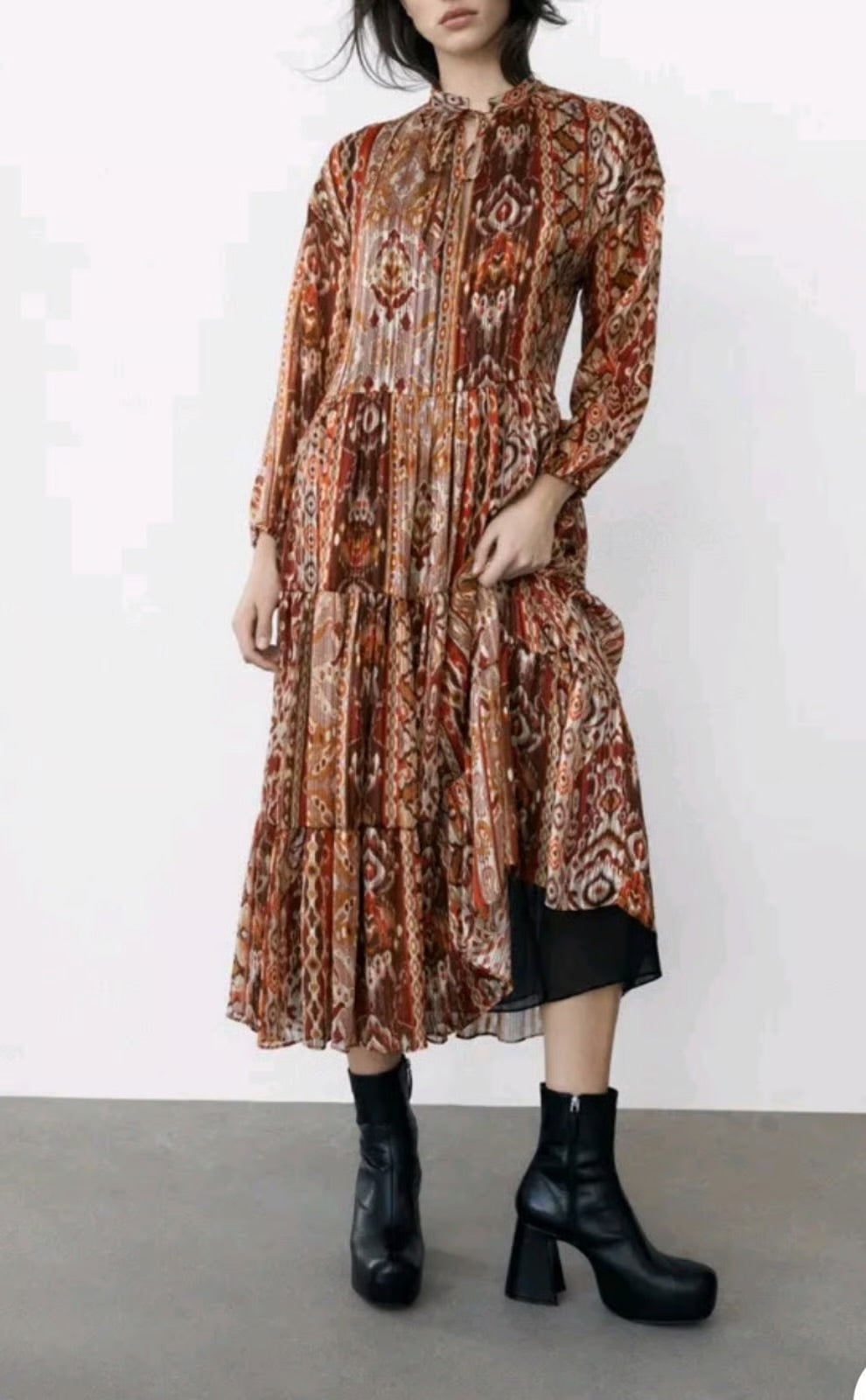 ZARA red orange beige patterned long dress, long sleeves