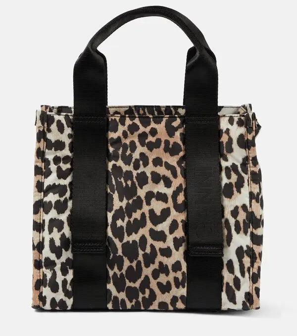 GANNI leopard nylon small tote bag