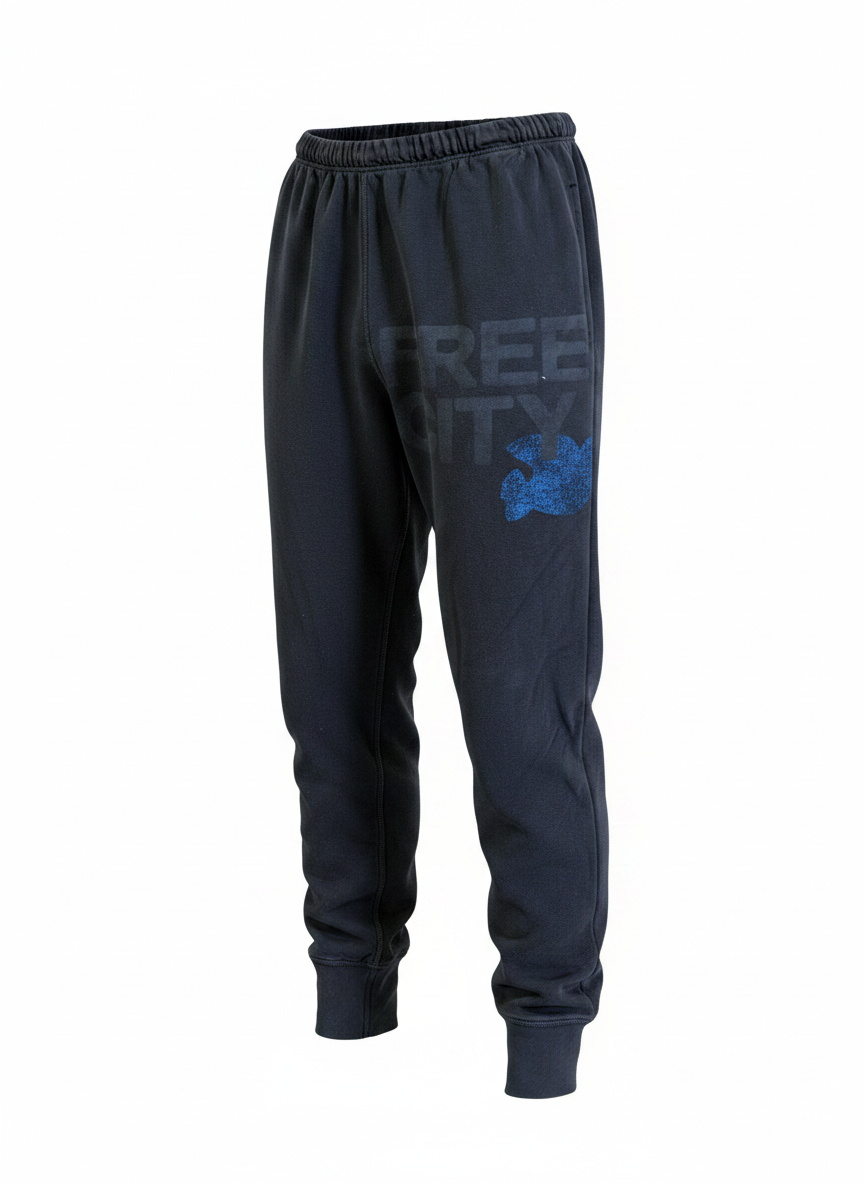 FREE CITY BLACK CUFFED JOGGERS W BLUE BIRD