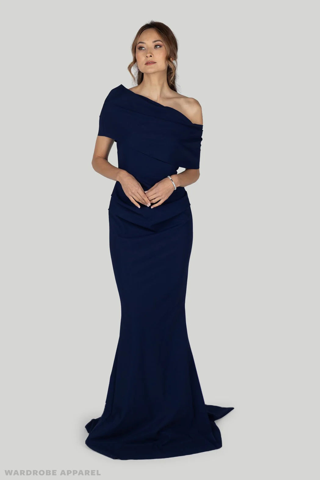 GRETA CONSTANTINE navy blue off shoulder gown