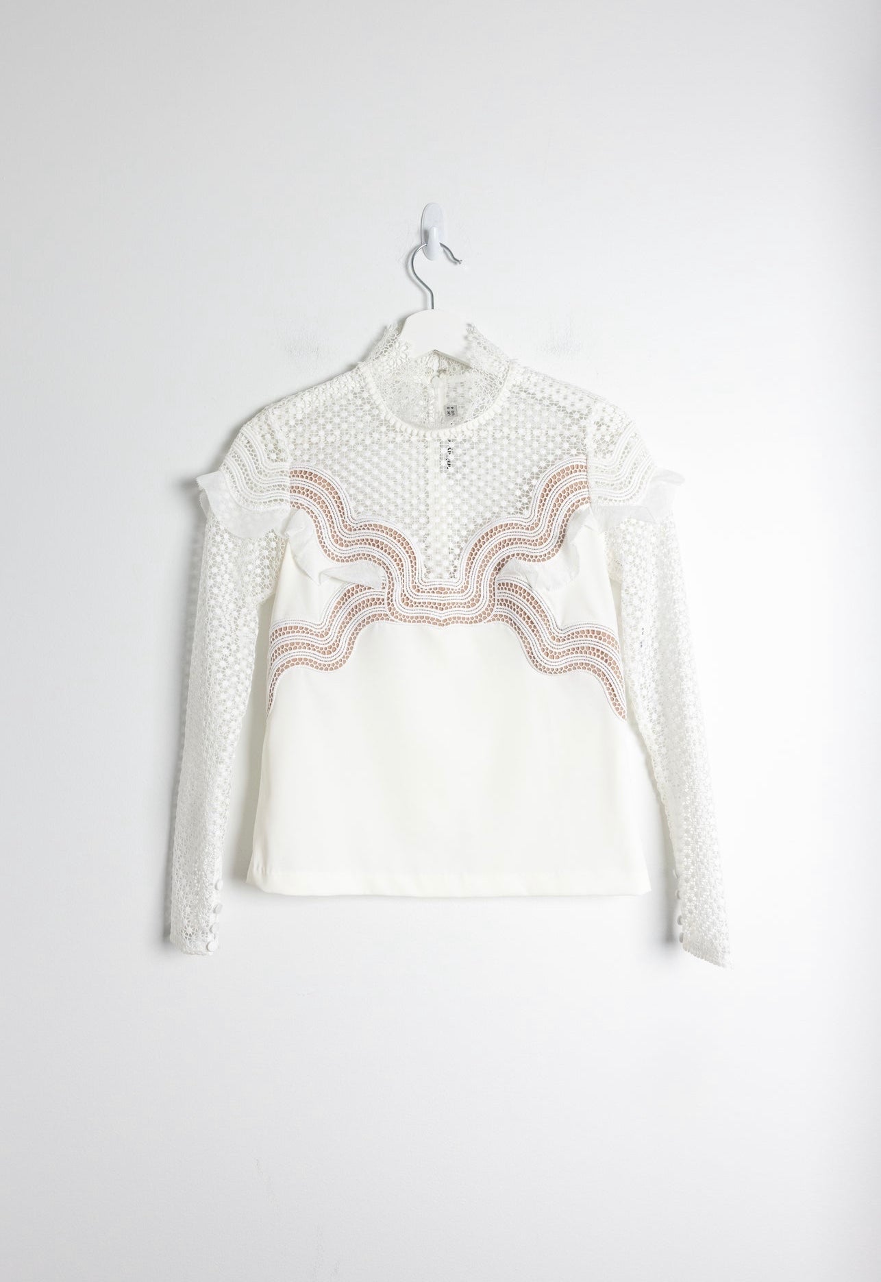 Self-Portrait
Self-Portrait White Crepe & Guipure Lace Long Sleeve Top