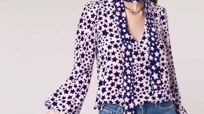 RIXO long sleeve blouse, white with blue stars, neck tie