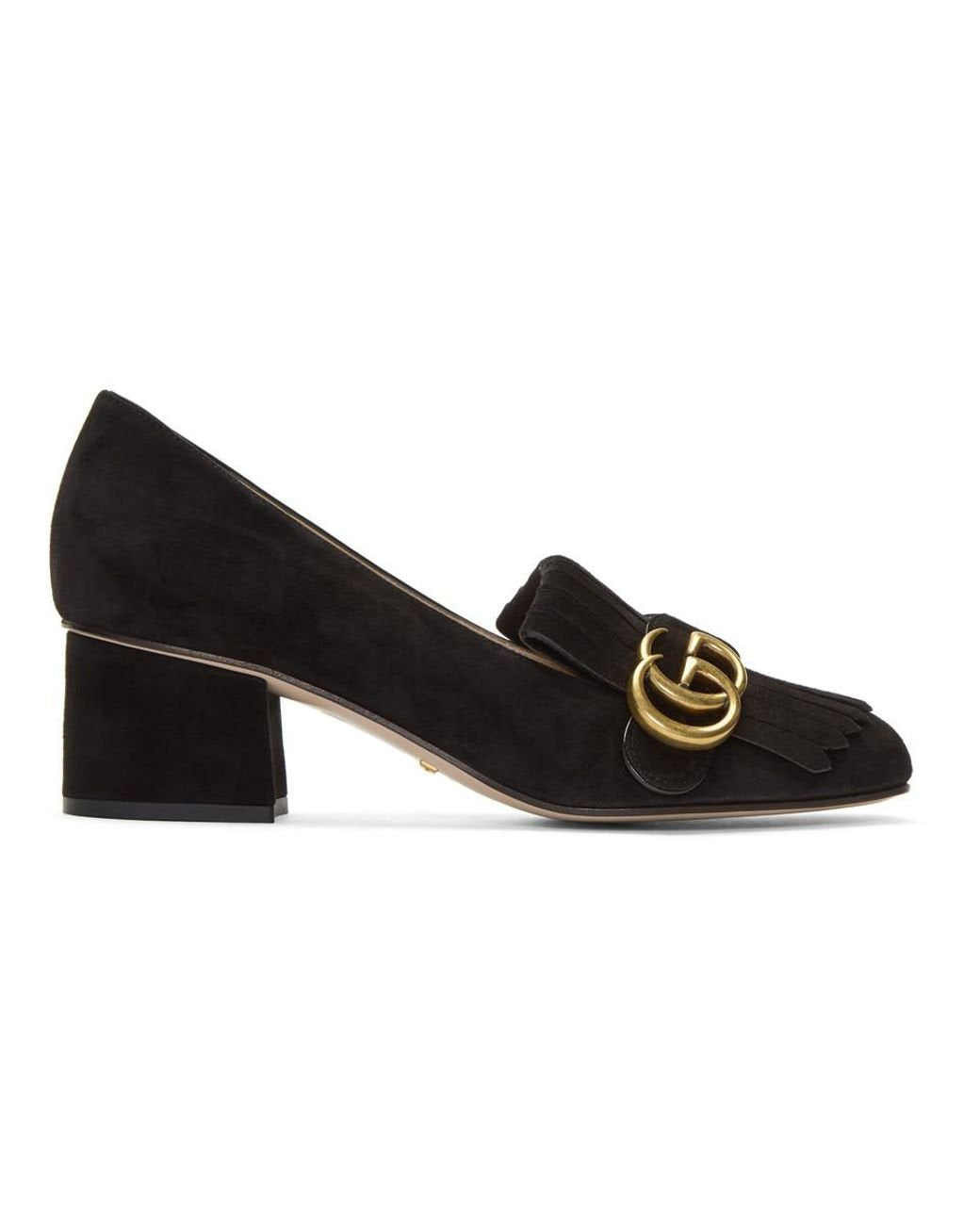 GUCCI marmont black suede heel fringe pumps