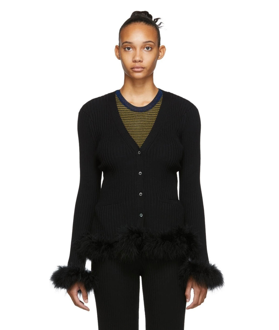 OPENING CEREMONY -
Ribbed Cardigan With Feather Trim