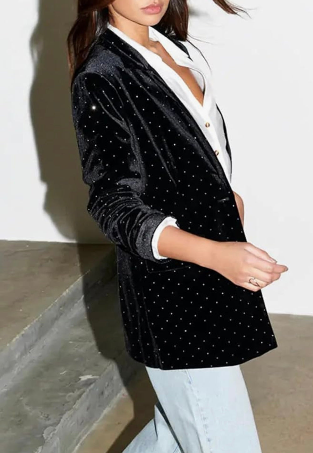 SEN set, black velvet with silver polka dots, shorts and blazer