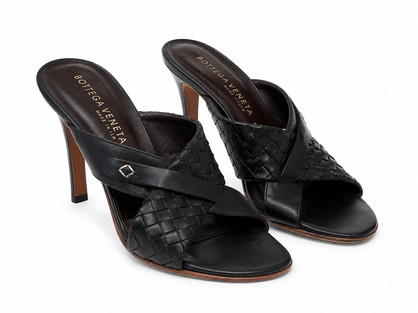 BOTTEGA VENETA vintage black/dark brown woven sandal heels