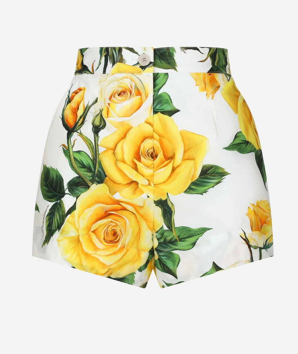 DOLCE & GABBANA- Cotton shorts with yellow rose print