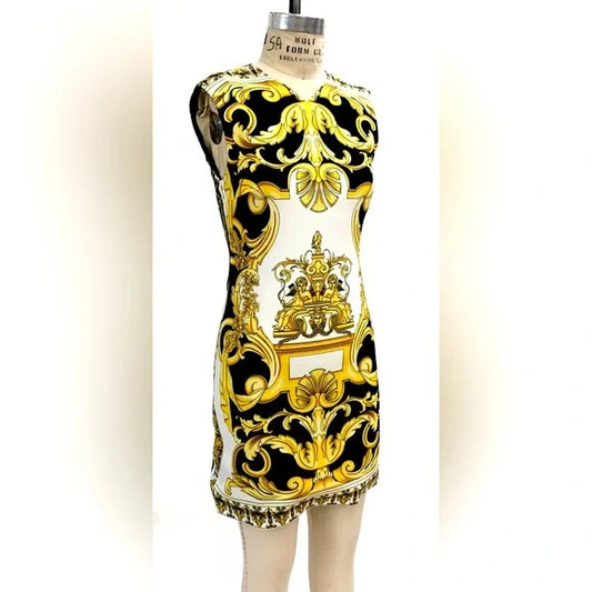 VERSACE gold baroque print dress