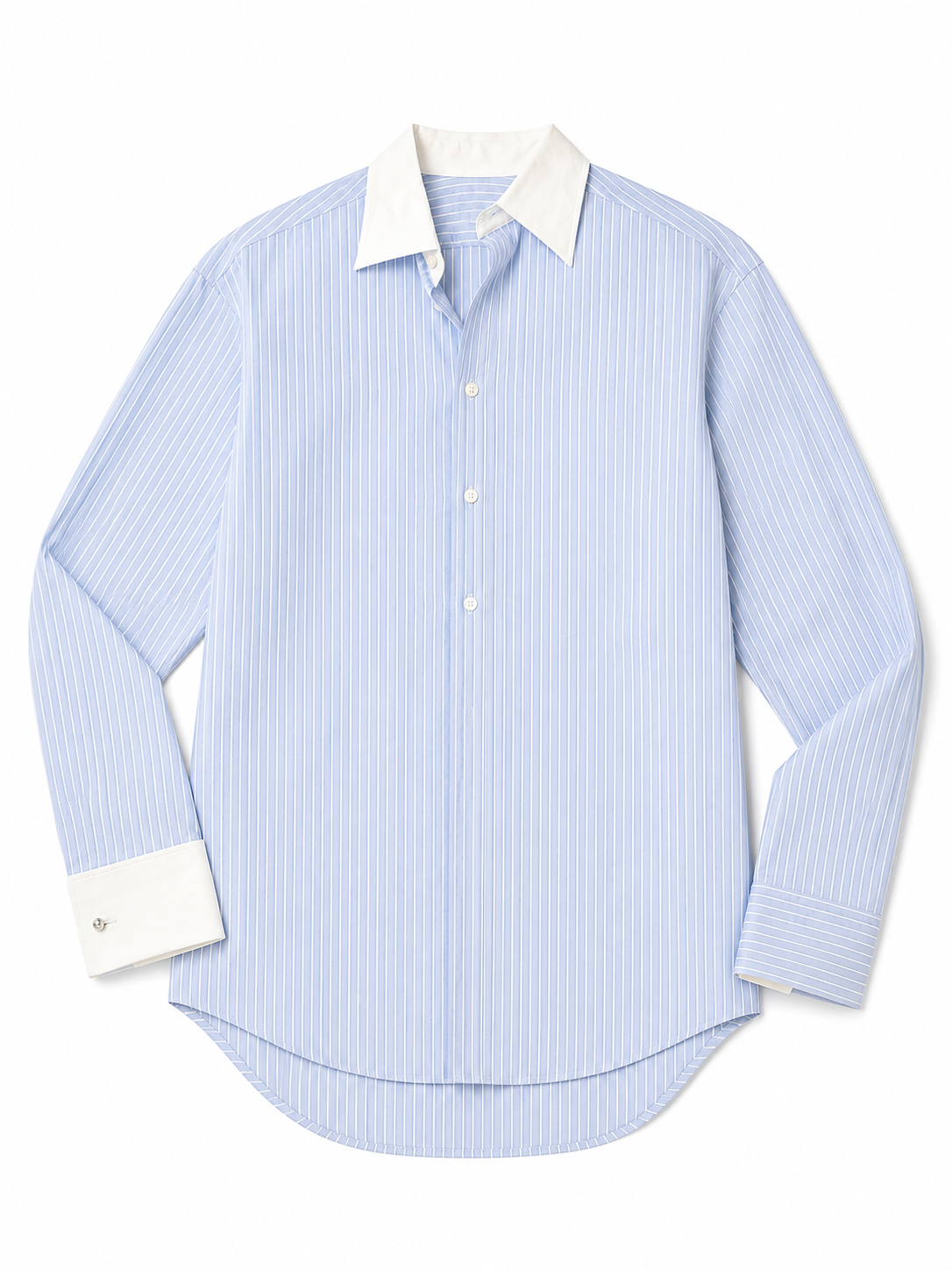 FILIPPA K  blue button up long sleeve blouse with white stripes and white collar and cuffs