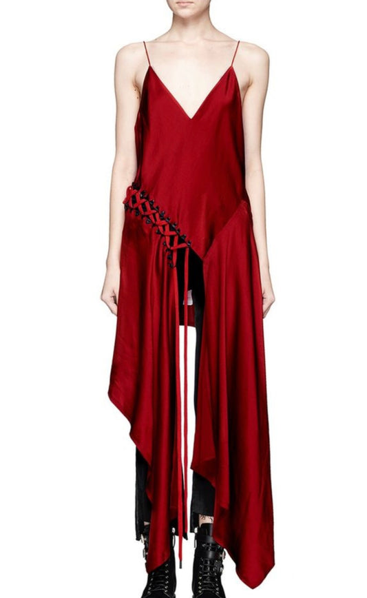 Donna Karen NY RUNWAY | Asymmetric hem lace-up slit satin Top