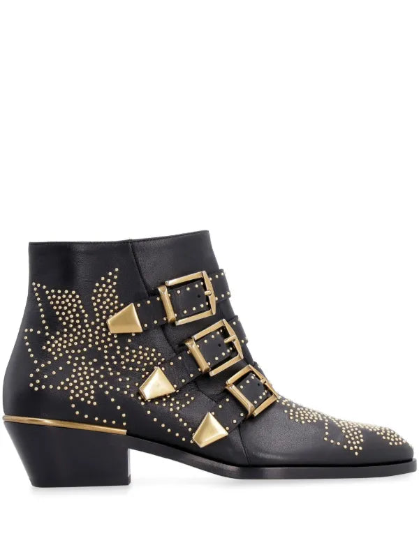 CHLOE black booties w gold studs an buckles