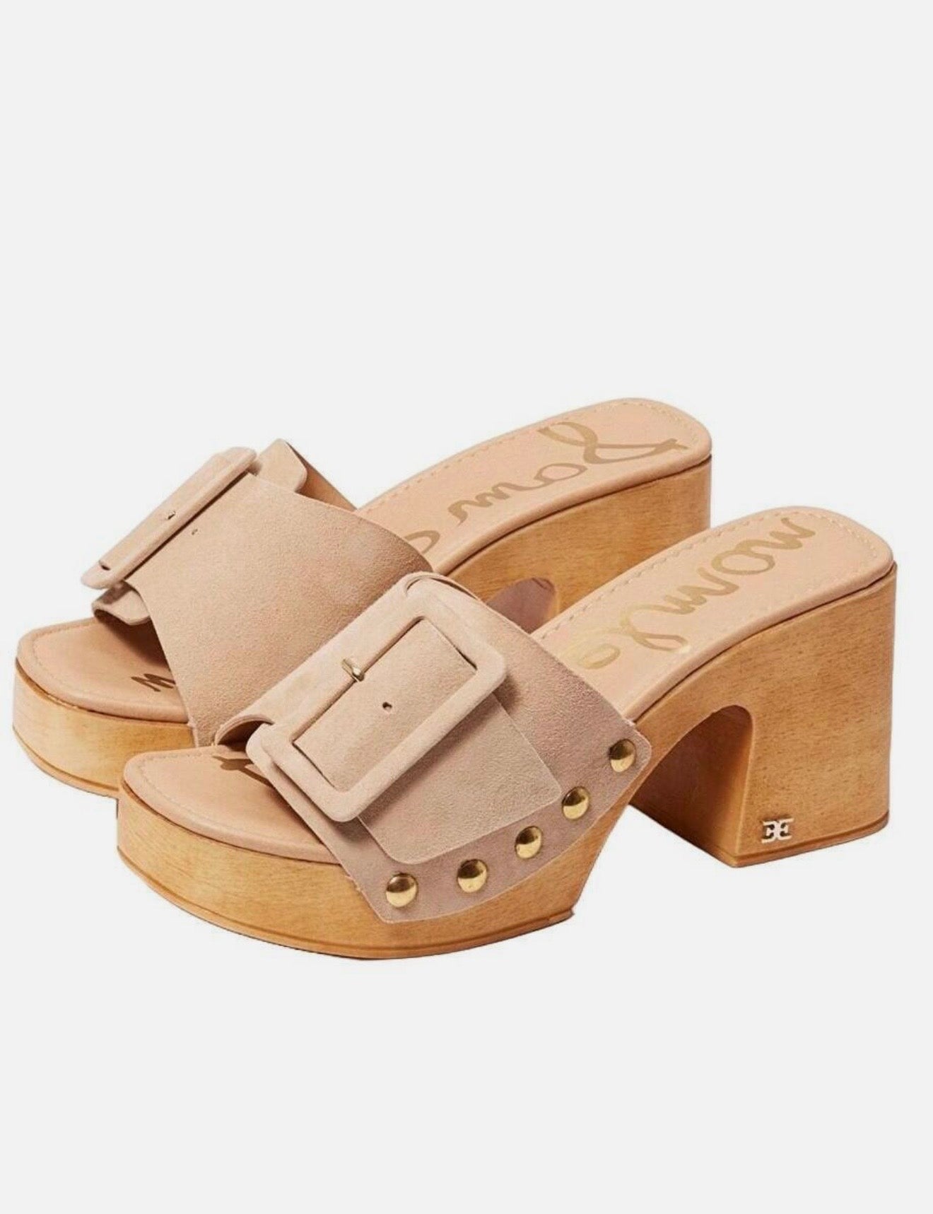 Sam Edelman Marcia Beige Leather Squared Open Toe Slip On Block Heeled Sandals