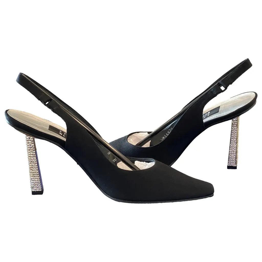 STUART black fabric heel pointed toe, silver sparkle heel, w box