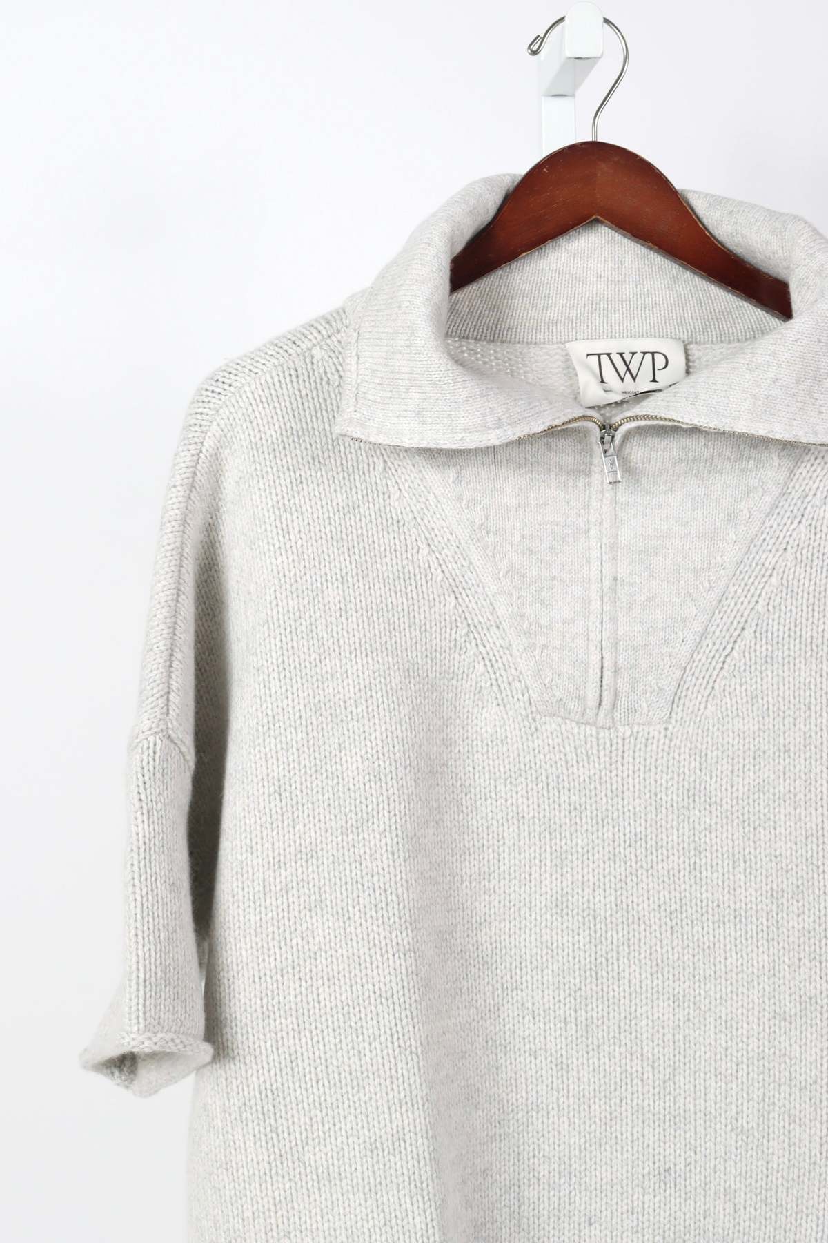 TWP 100% cashmere Heather Gray Cropped Half Zip Sweater with Short Sleeves