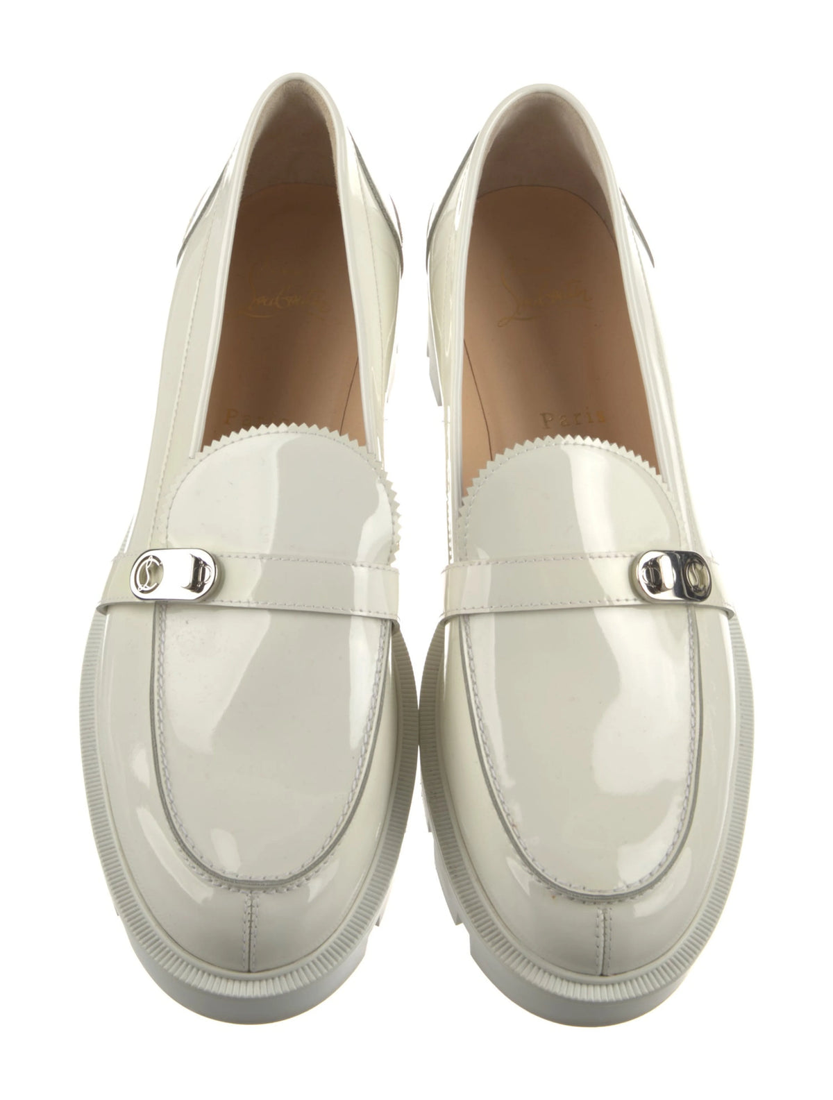 CHRISTIAN LOUBOUTIN PATENT LEATHER LOAFERS IN WHITE