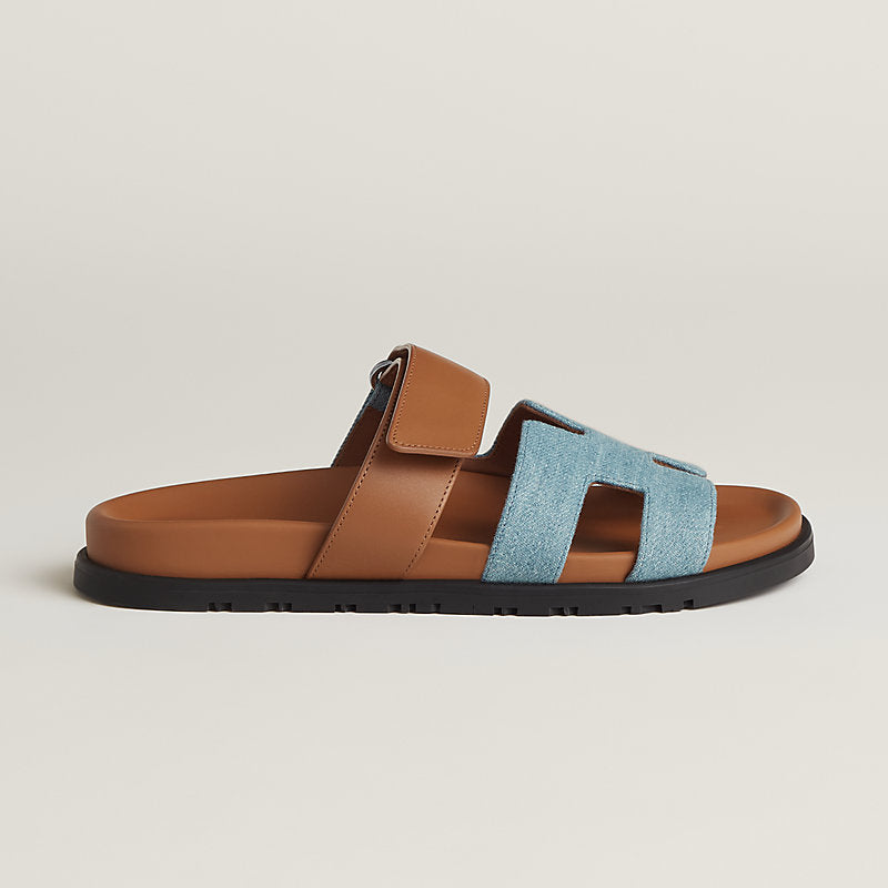 HERMES chypre denim and brown sandal, w dust bags and box