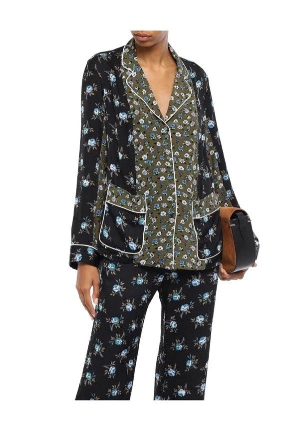 Sandro Blue and Black Floral Satin Pajama Style Set