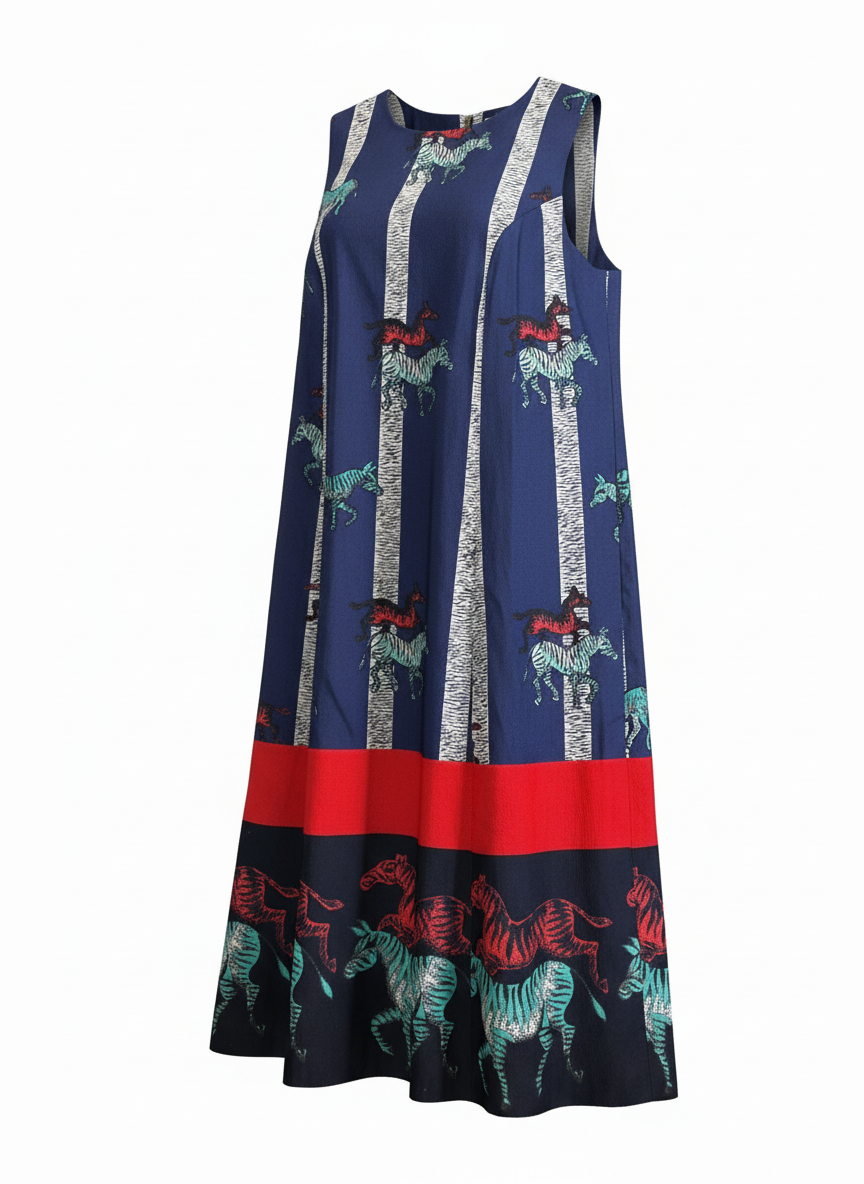 SUNO navy blue rayon ottoman fabric with galloping zebra dress