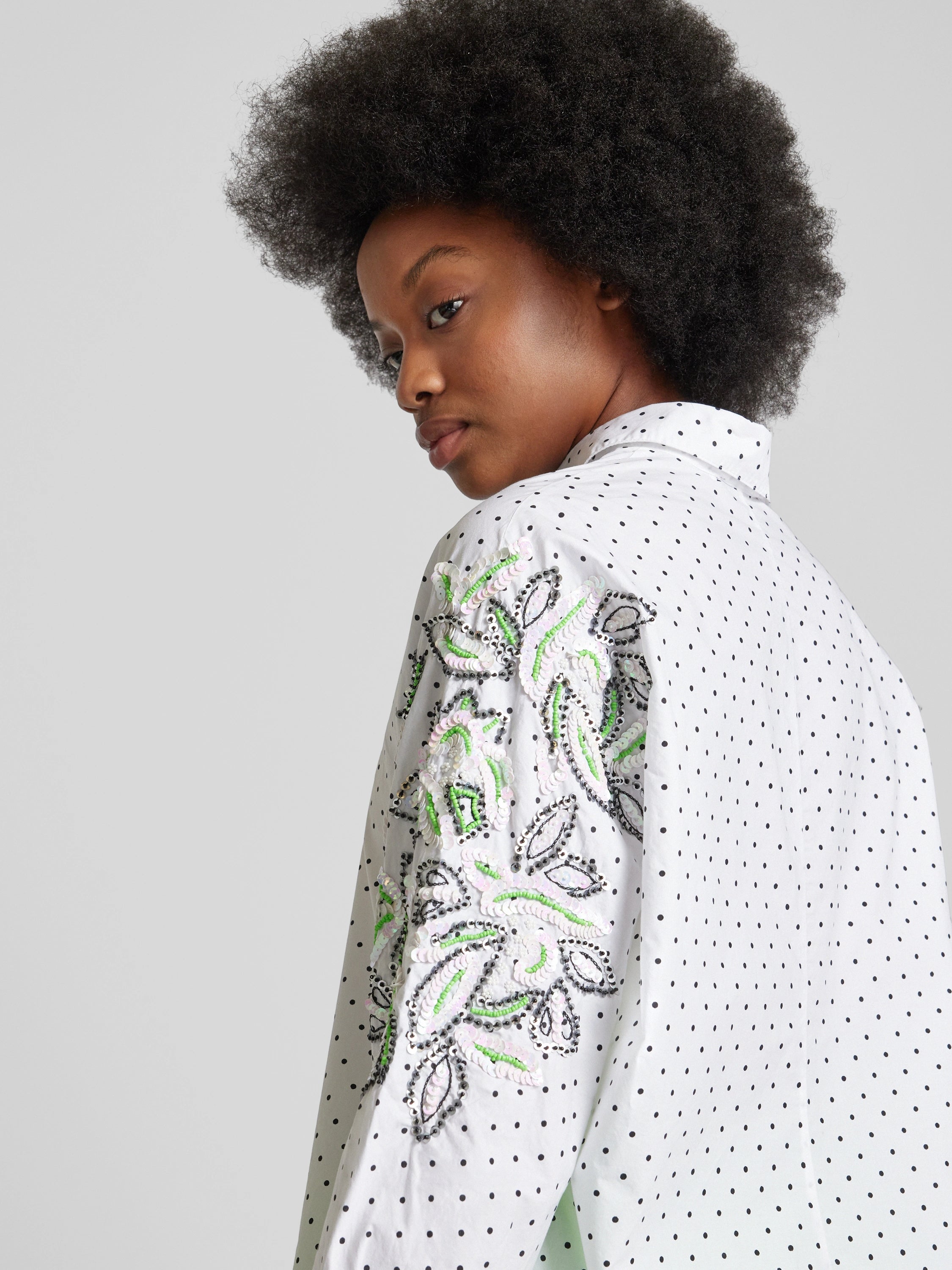Essentiel Antwerp White polka dot Shirt with Beaded Embellished Sleeves