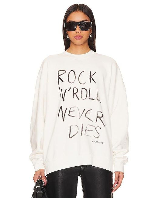 ANINE BING white 'rock n roll never dies' crewneck