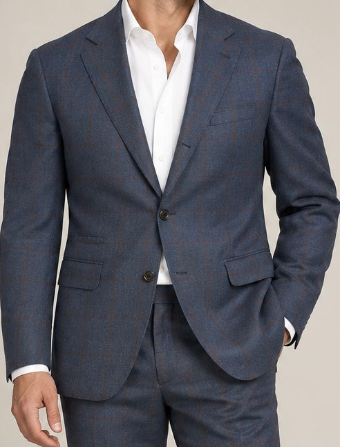 Brunello Cucinelli Navy Windowpane Check Two Button Blazer