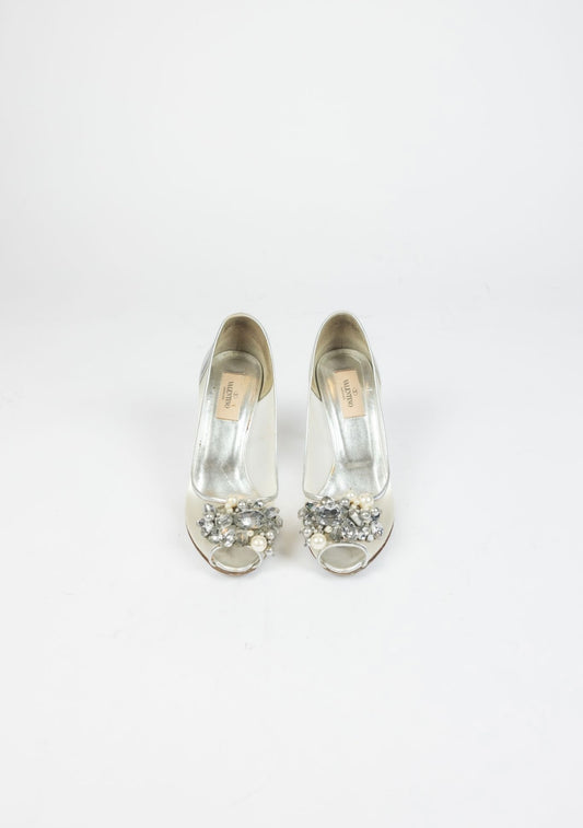 VALENTINO- Silver Peep-Toe Pumps with crystal detailing