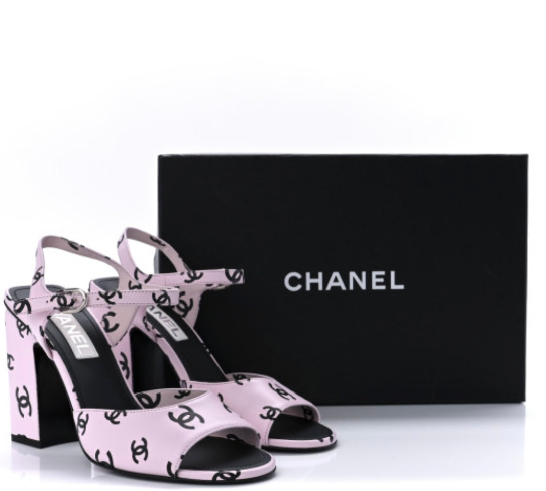 CHANEL 
Lambskin Printed CC Sandals