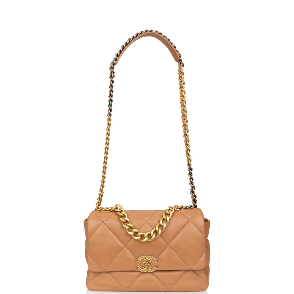 CHANEL camel brown lambskin leather 19 two tone metal bag