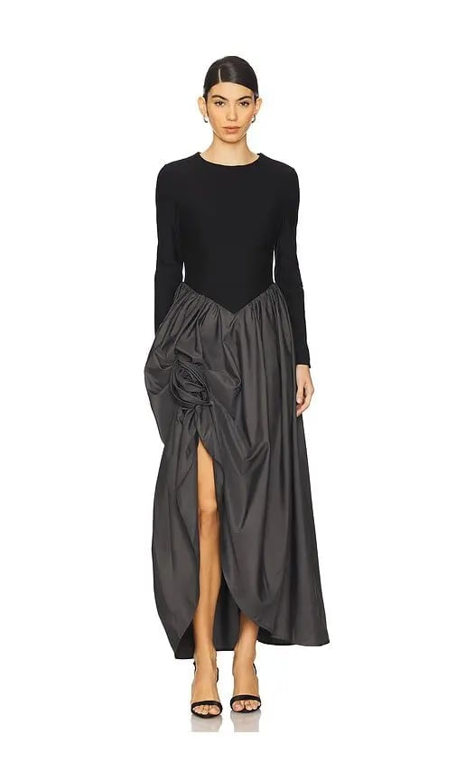 SLEEPER black long sleeve dress with rose gathering