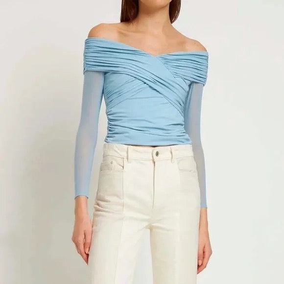 SELF PORTRAIT light blue mesh long sleeve wrap top