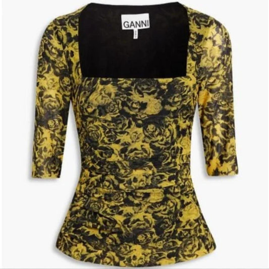 GANNI yellow/black floral rouched top