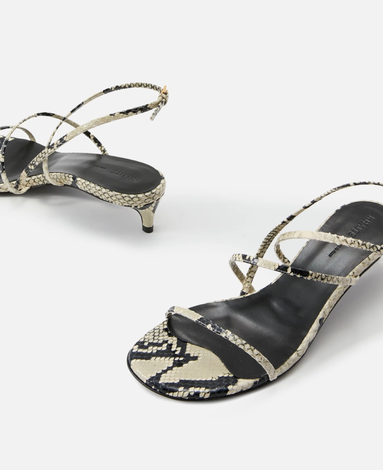 KHAITE snakeskin strappy kitten heels, white and black