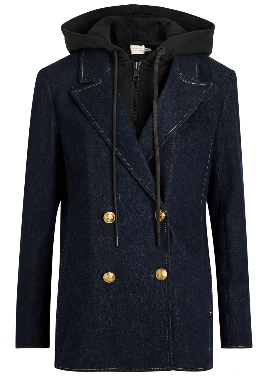 Alice and Olivia Jeans Navy Double Breasted Denim Blazer with Hooded Insert and Gold Buttons