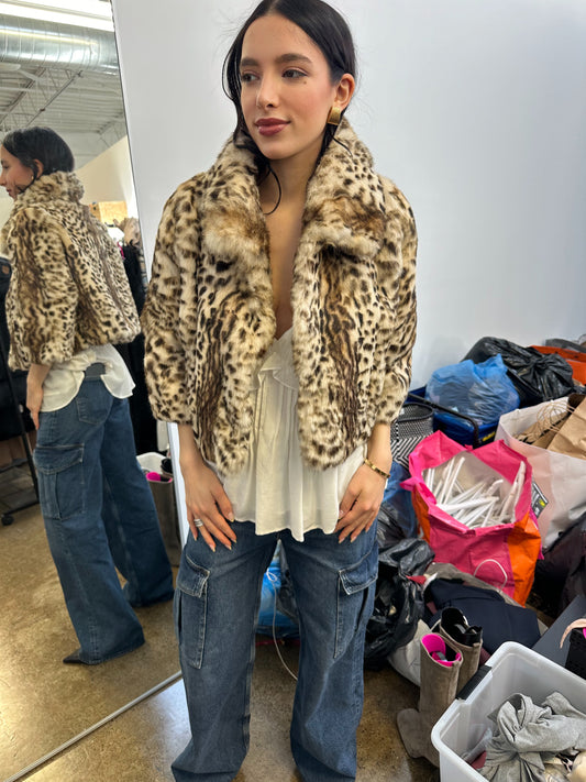 Adrienne Landau - Cropped Animal Print Fur Jacket