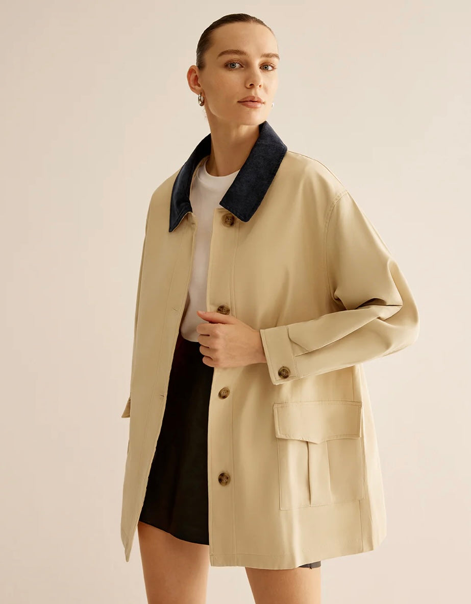 COMMENSE Oversized Cotton Contrast Collar Button Jacket