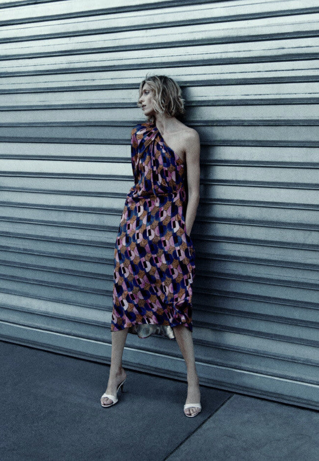 ZARA STUDIO geometric printed one shoulder dress