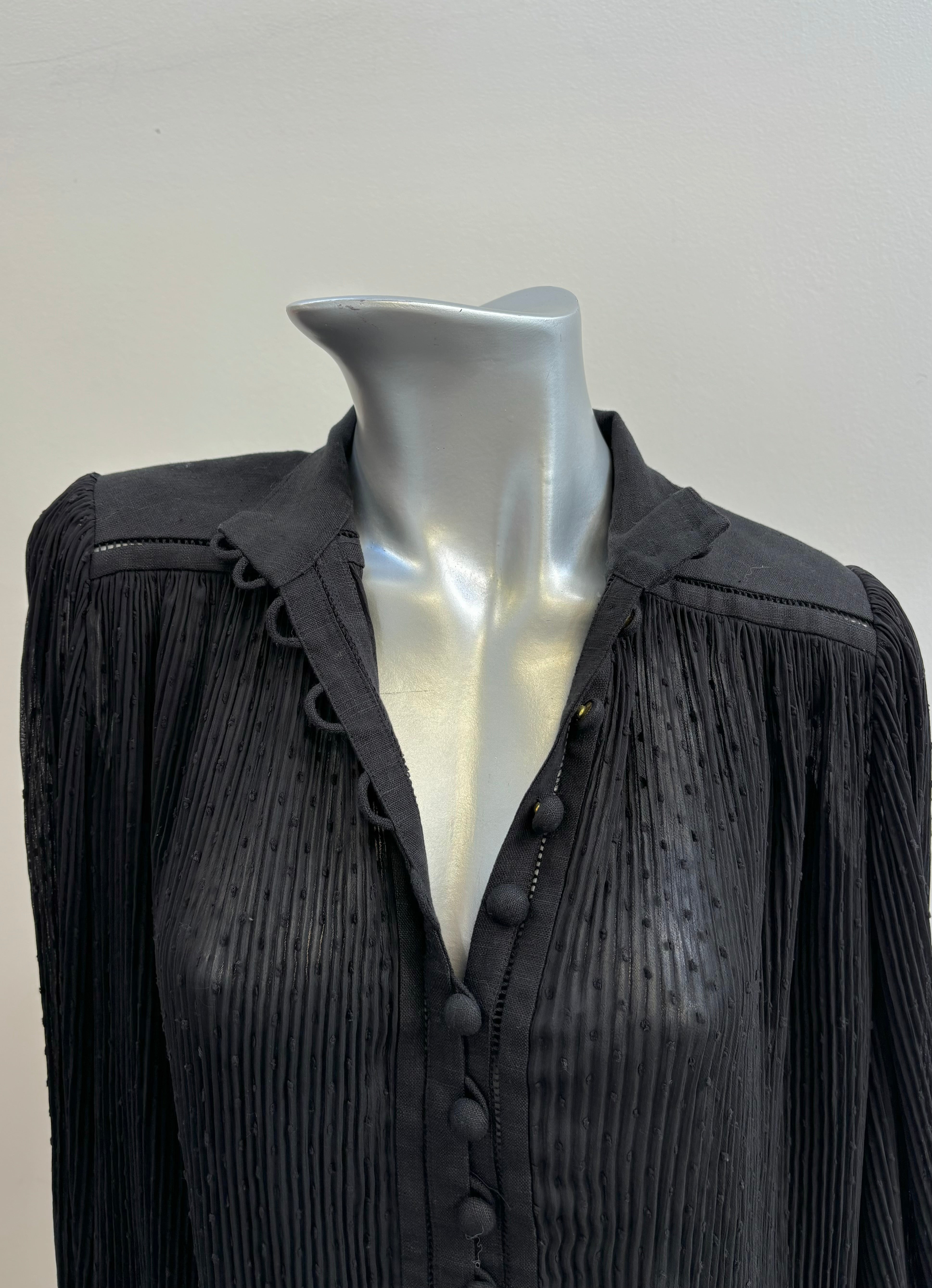 ZIMMERMANN black sheer long sleeve blouse, button up, polyester with linen
