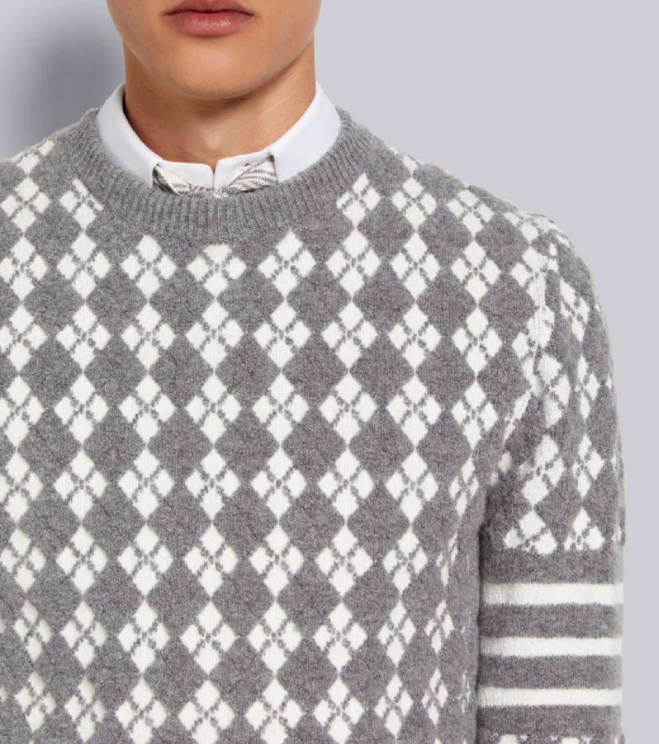 THOM BROWNE - LIGHT GREY TERRY STITCH ARGYLE JACQUARD 4-BAR CREW NECK PULLOVER