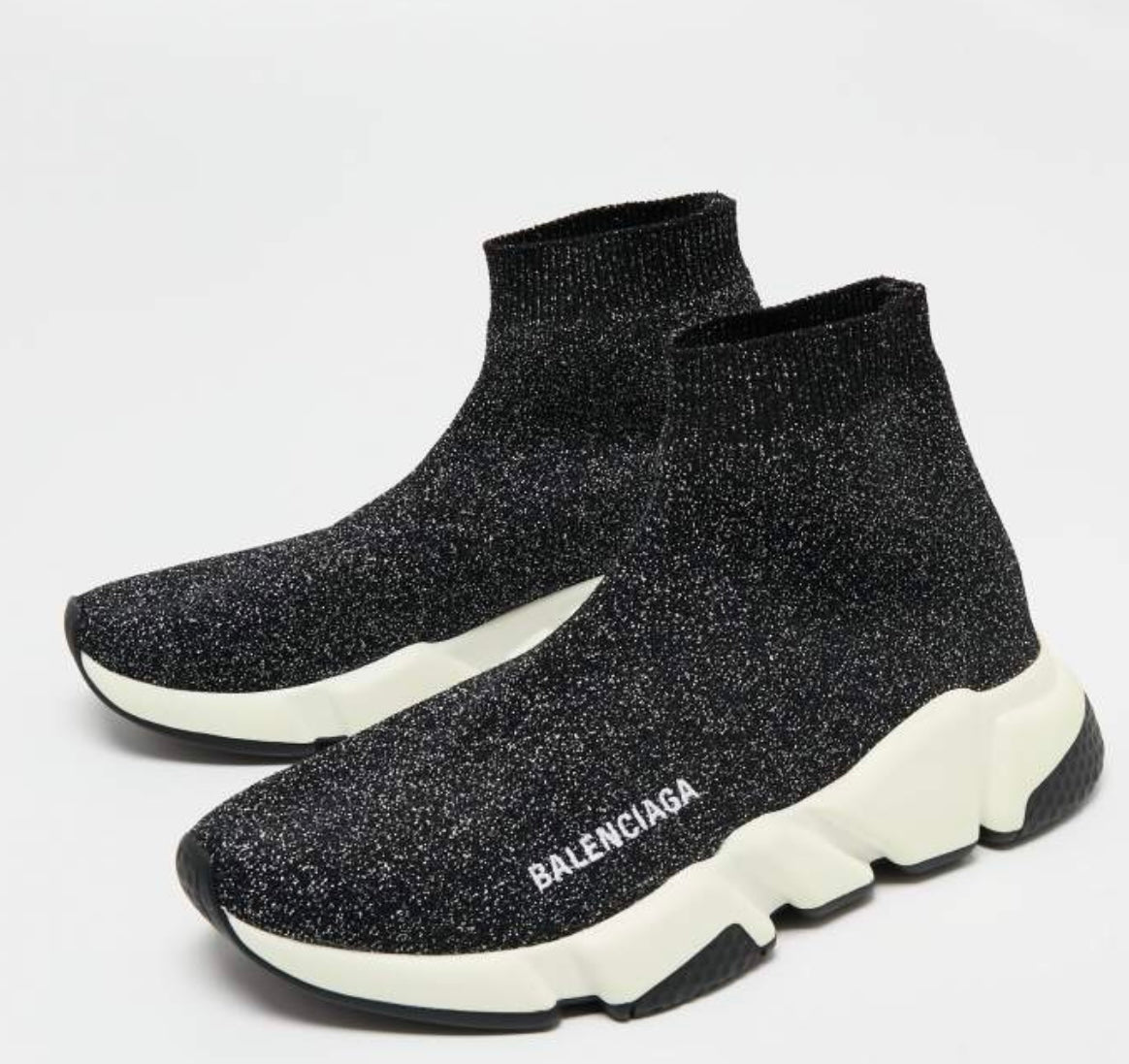 Balenciaga Black/Silver Glitter Knit Fabric Speed Trainer High-Top Sneakers