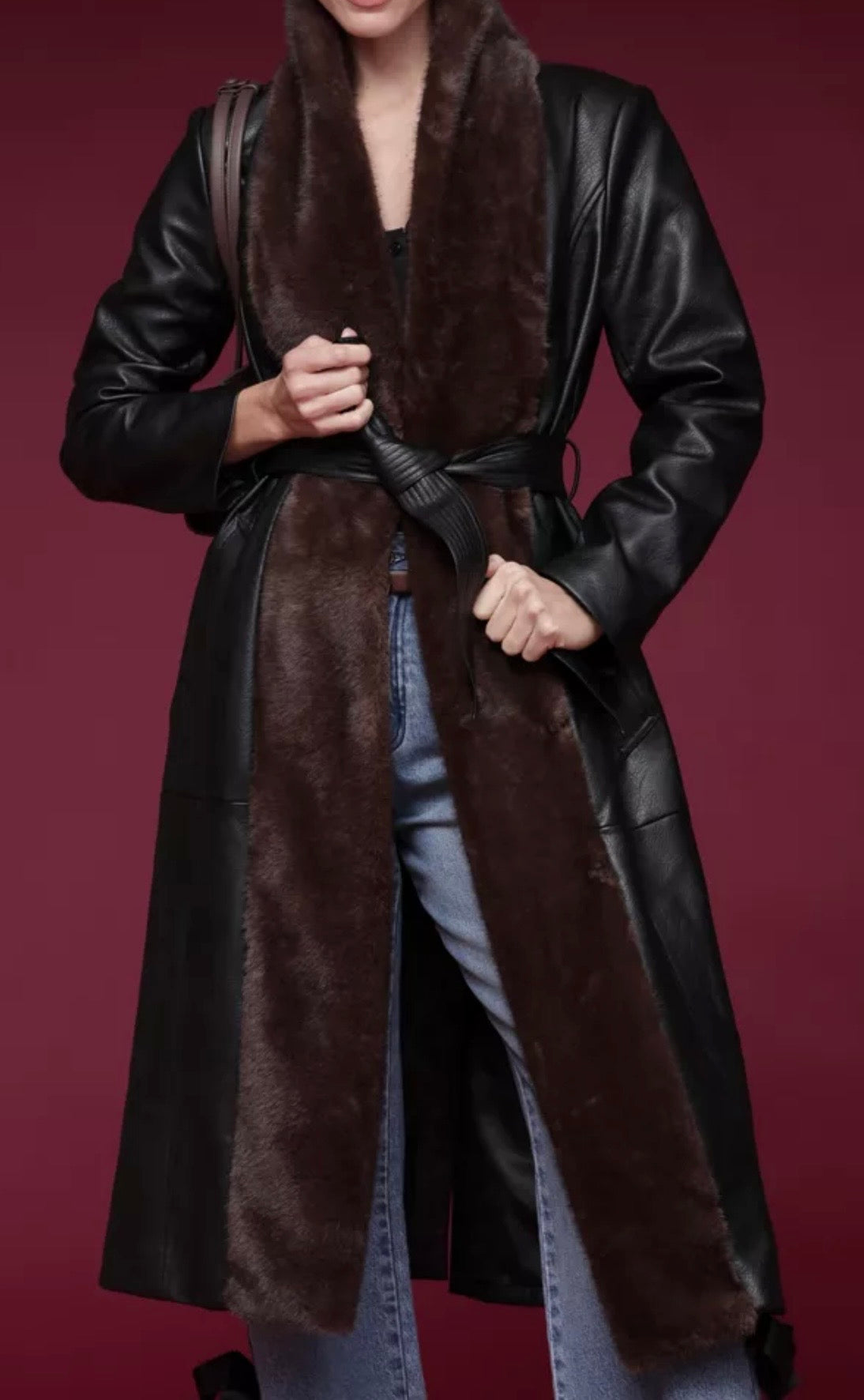 Avec Les Filles Faux Fur Trimmed Faux Leather Wrap Coat